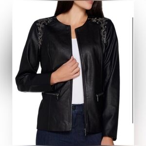 Belle by Kim Gravel Black Faux Leather Jacket with Embroidery Women's Size XS